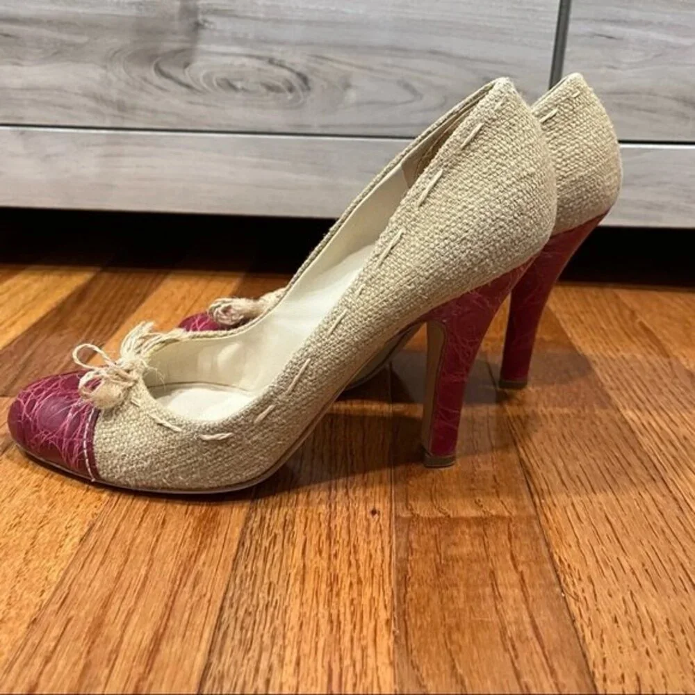 Prada Cream Tweed & Red Leather Round Toe Pump Heels 38